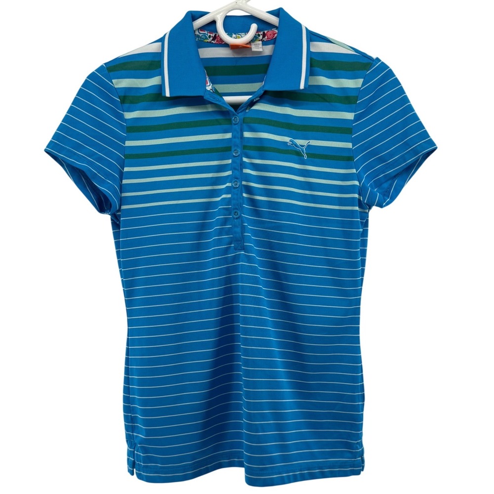 Puma Golf Polo Shirt Womens Small Blue Striped Short Sleeve Button Sport Top